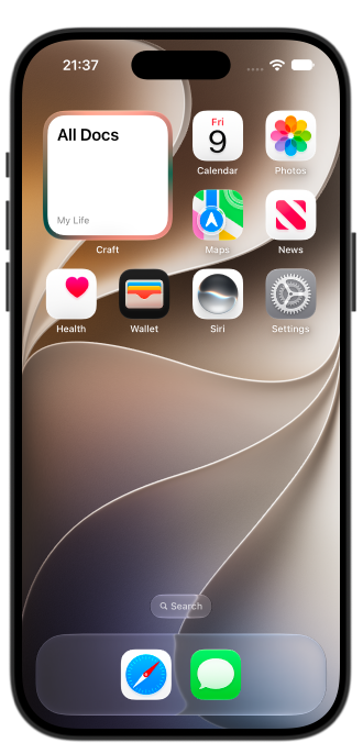 Quick Open widget on the iPhone Home Screen for jumping to a chosen location in Craft