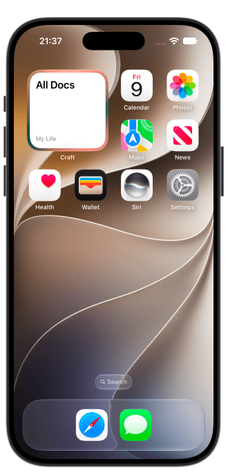 Quick Open widget on the iPhone Home Screen for jumping to a chosen location in Craft