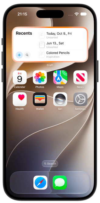 Recent Documents widget on the iPhone Home Screen showing recently viewed documents with search and new document buttons