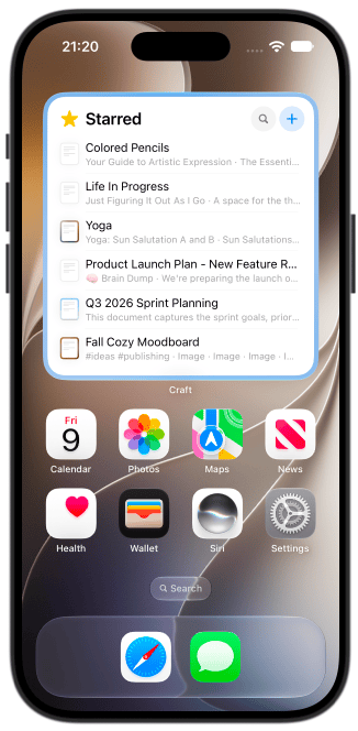 Starred widget on the iPhone Home Screen listing starred documents with search and new document buttons