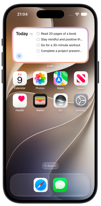 Tasks widget on the iPhone Home Screen showing Today's tasks with checkboxes and the Quick Entry button
