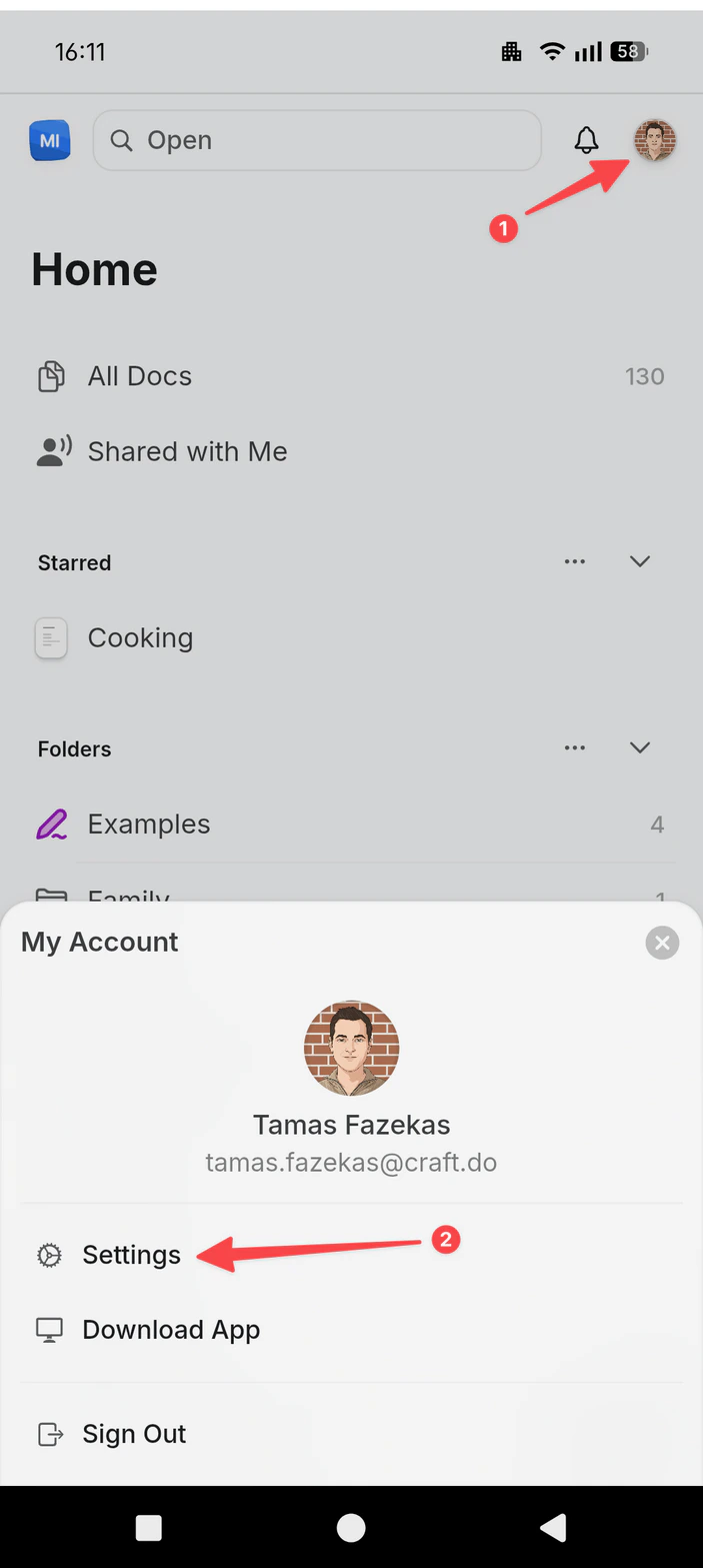 Profile menu with Settings option