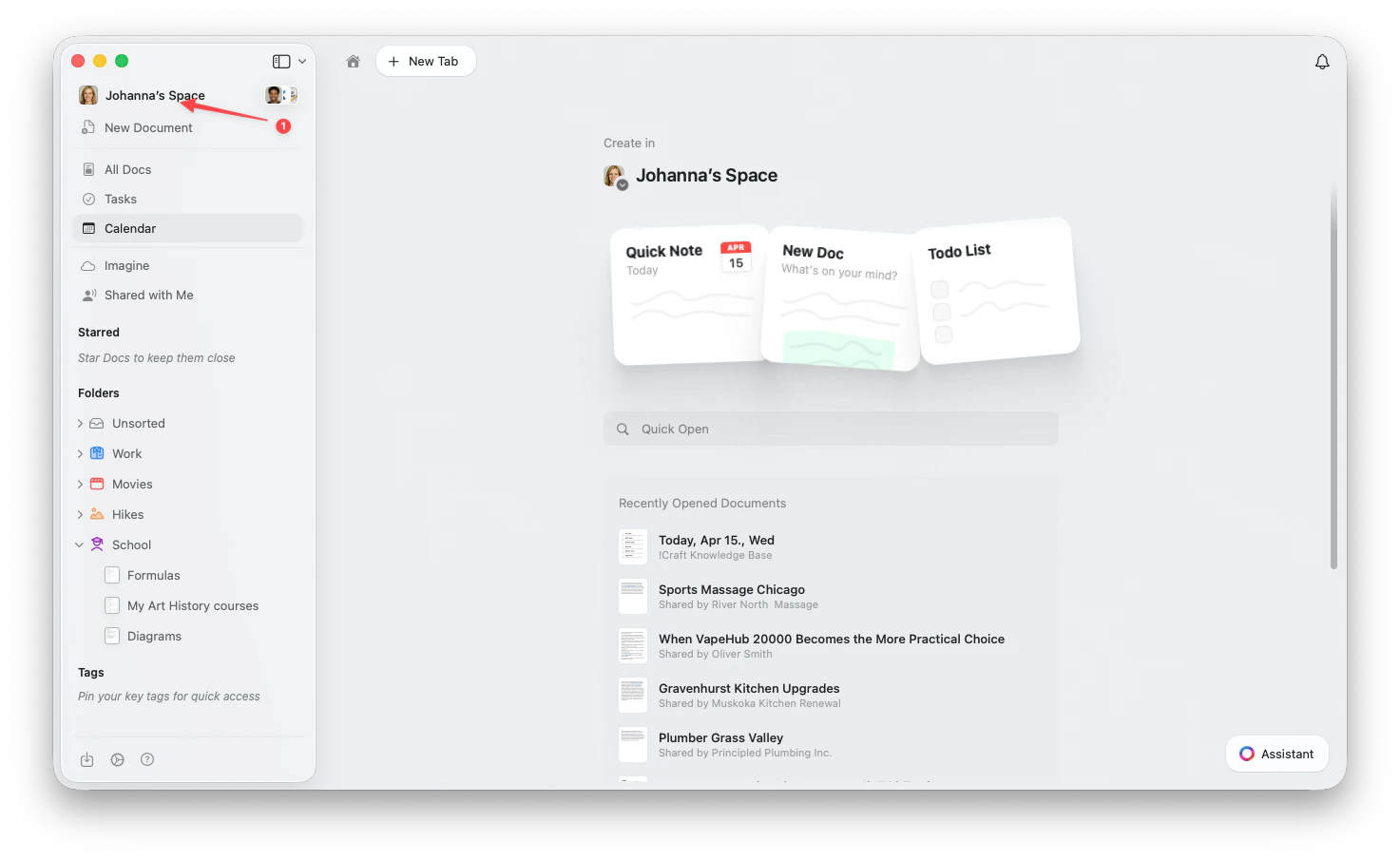 Click the Space name in the sidebar