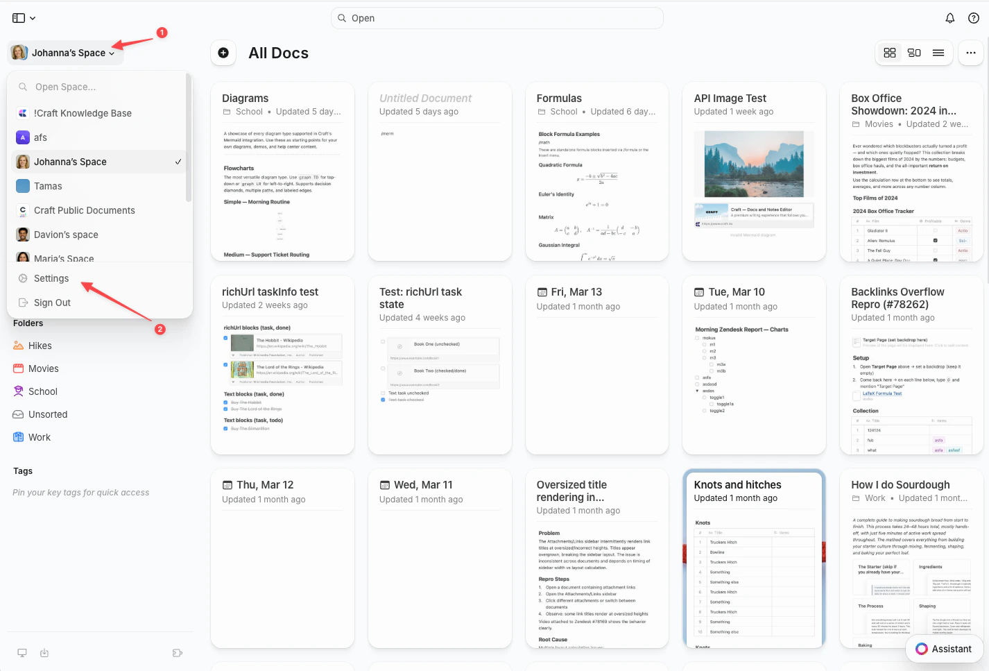 Space dropdown with Settings option