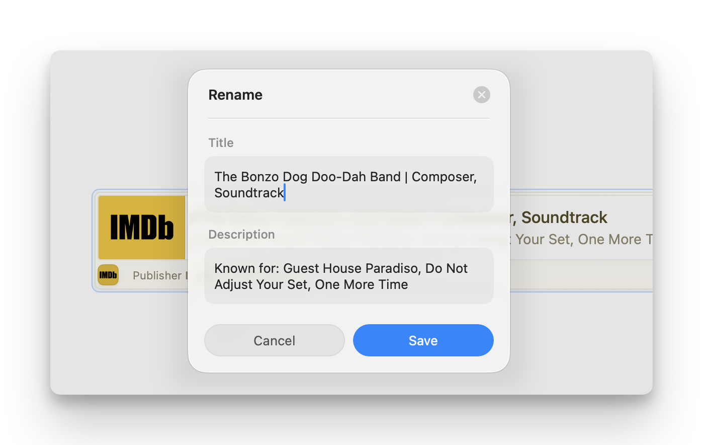 The Rename panel with Title and Description fields