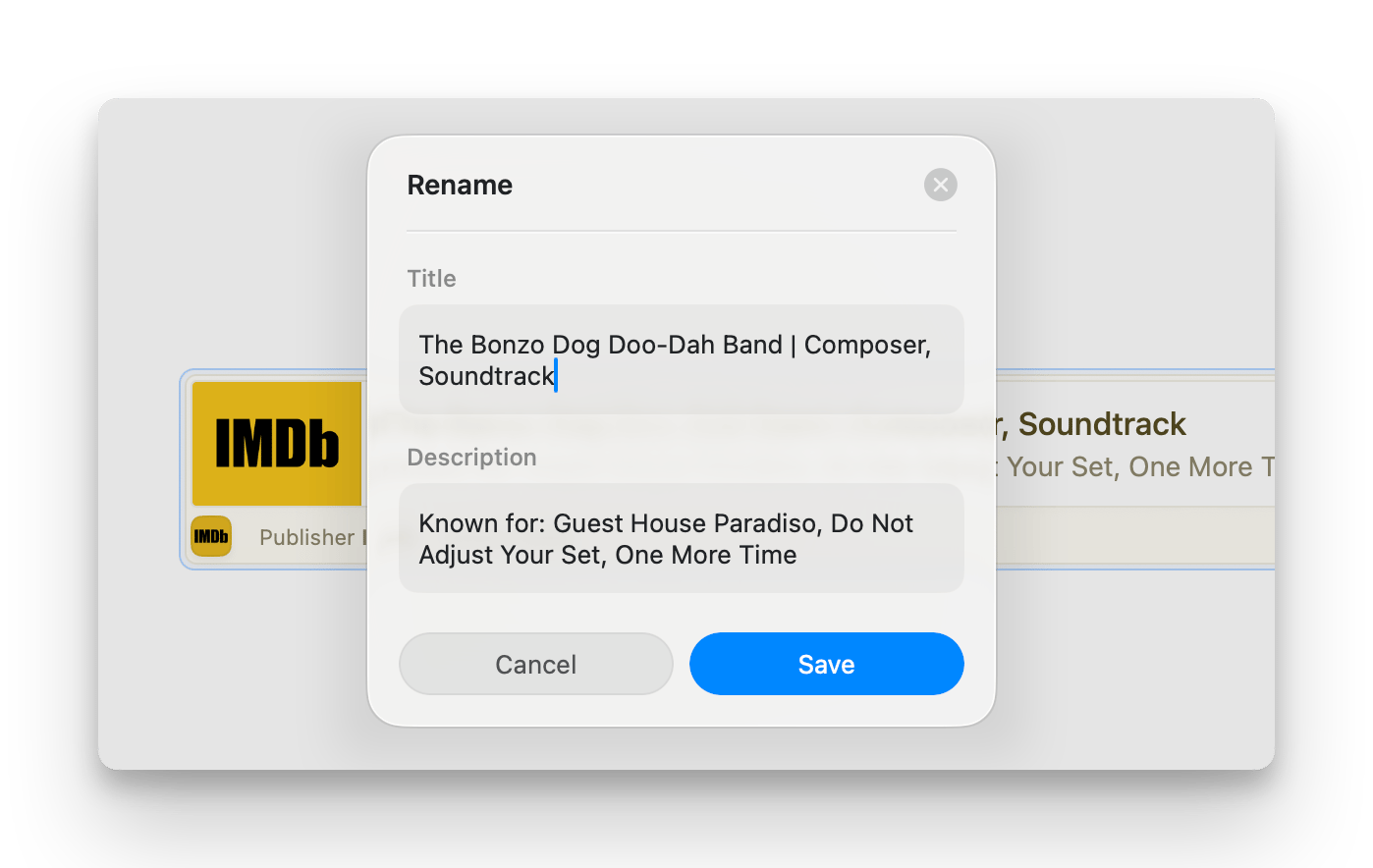 The Rename panel with Title and Description fields
