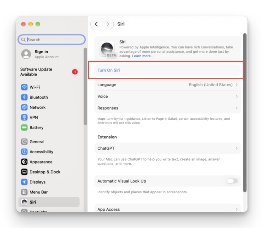 Turn On Siri in macOS System Settings
