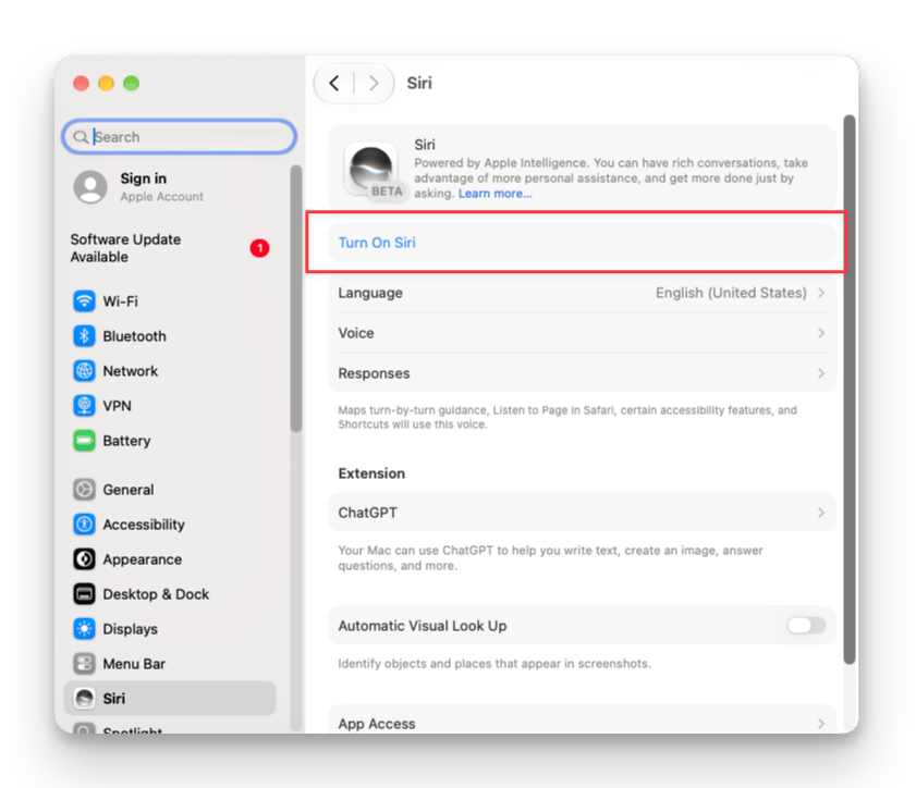 Turn On Siri in macOS System Settings