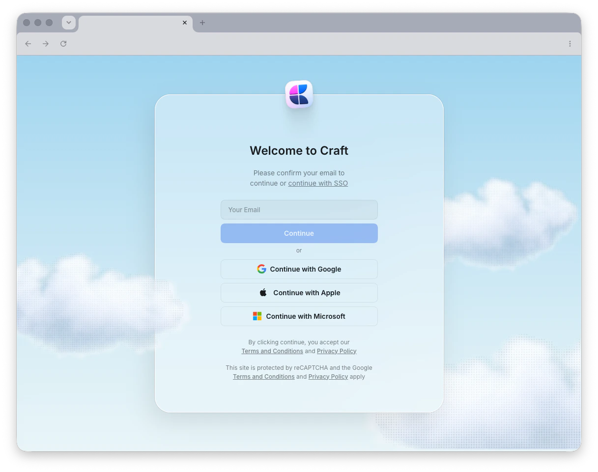Craft welcome screen with email and social sign-in options