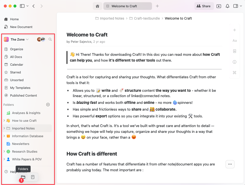 Folders view showing document organization