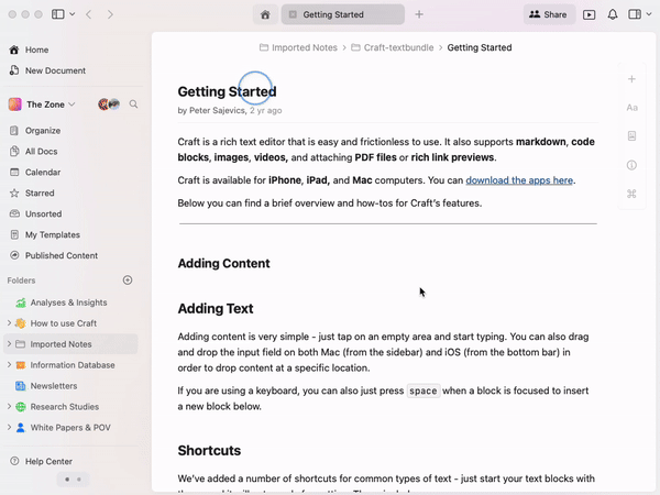 Navigating to table of contents view
