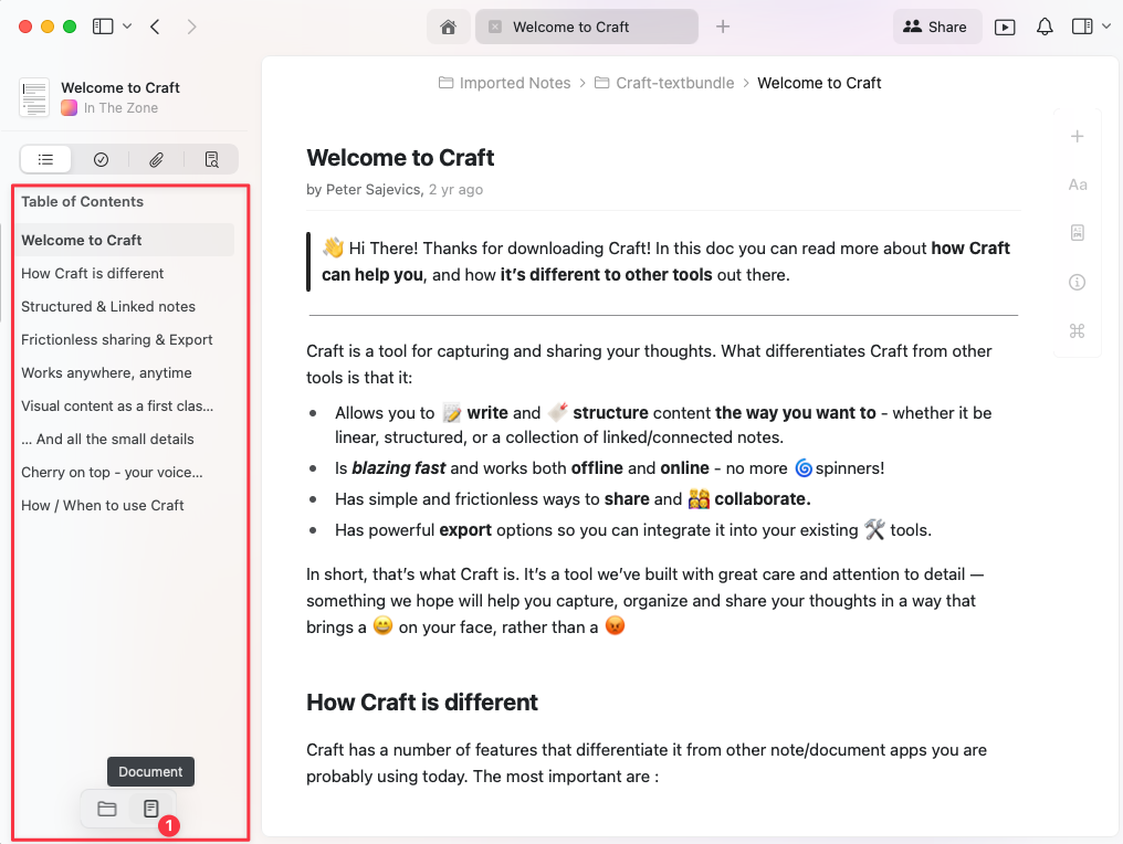 Table of contents view showing document structure
