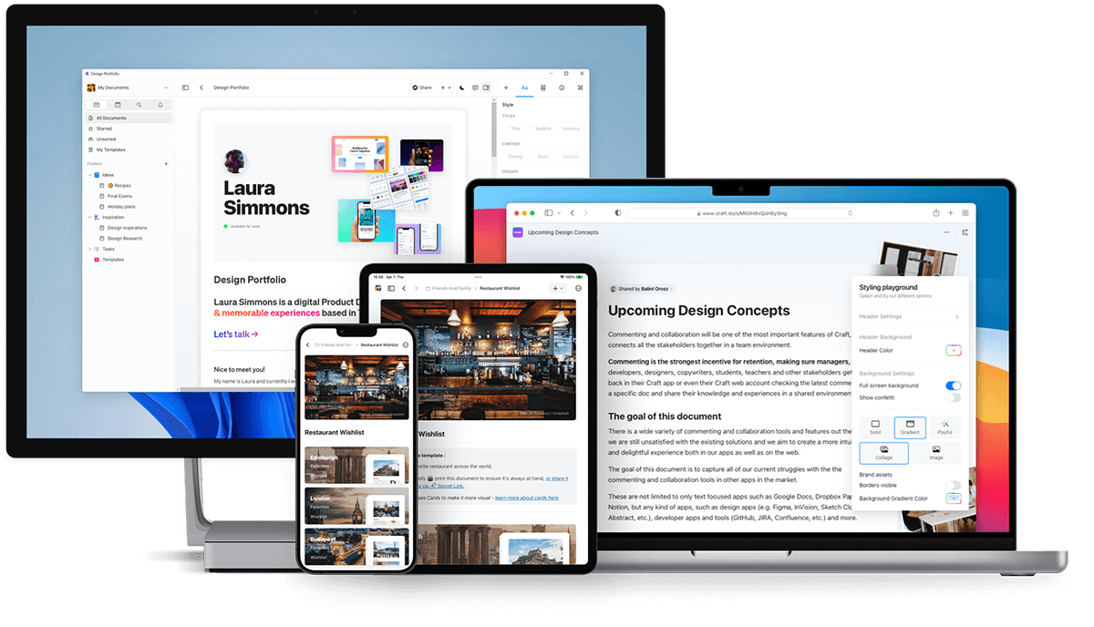 The Craft family of apps across all platforms