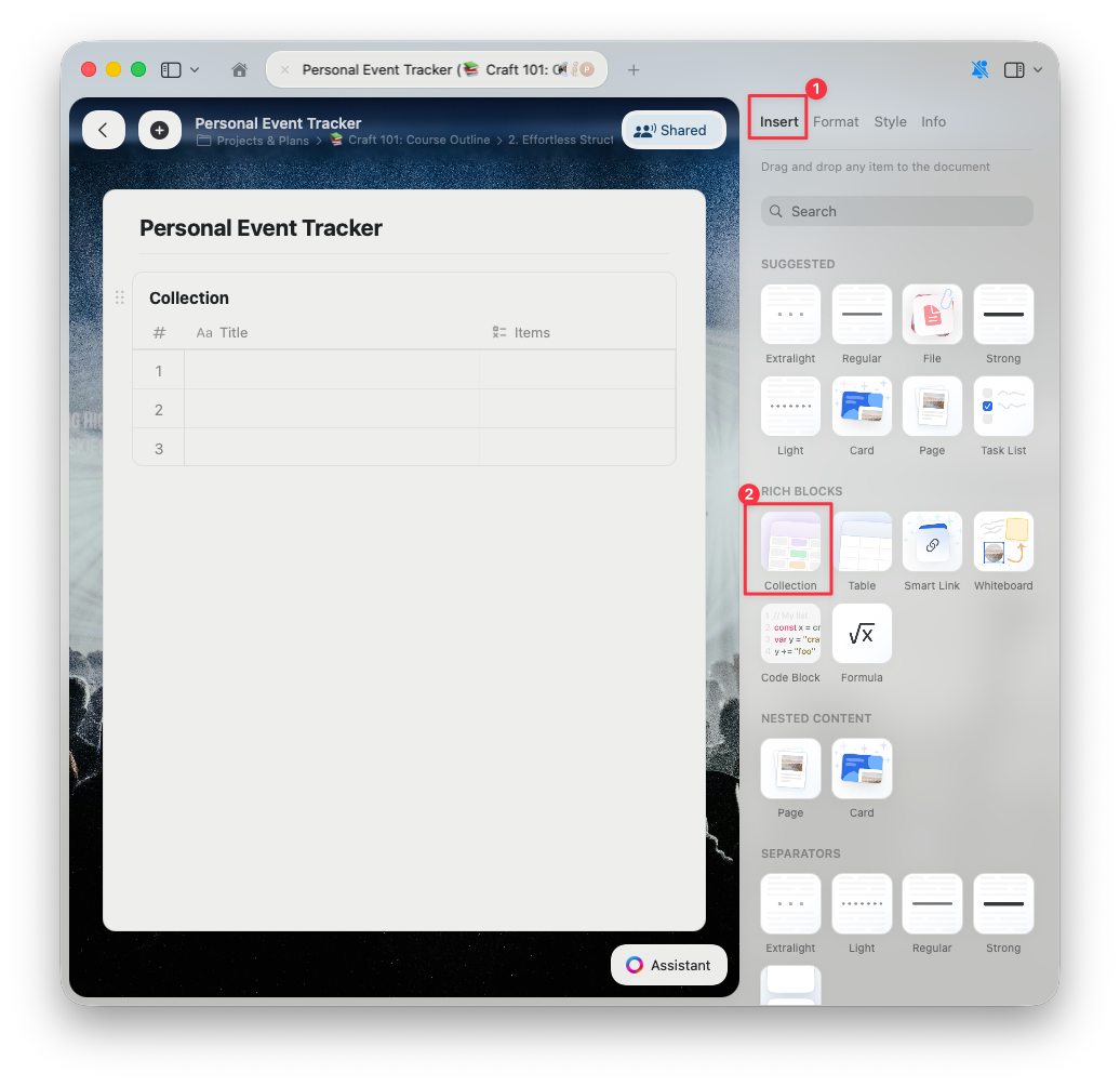 Sidebar showing Collections block option