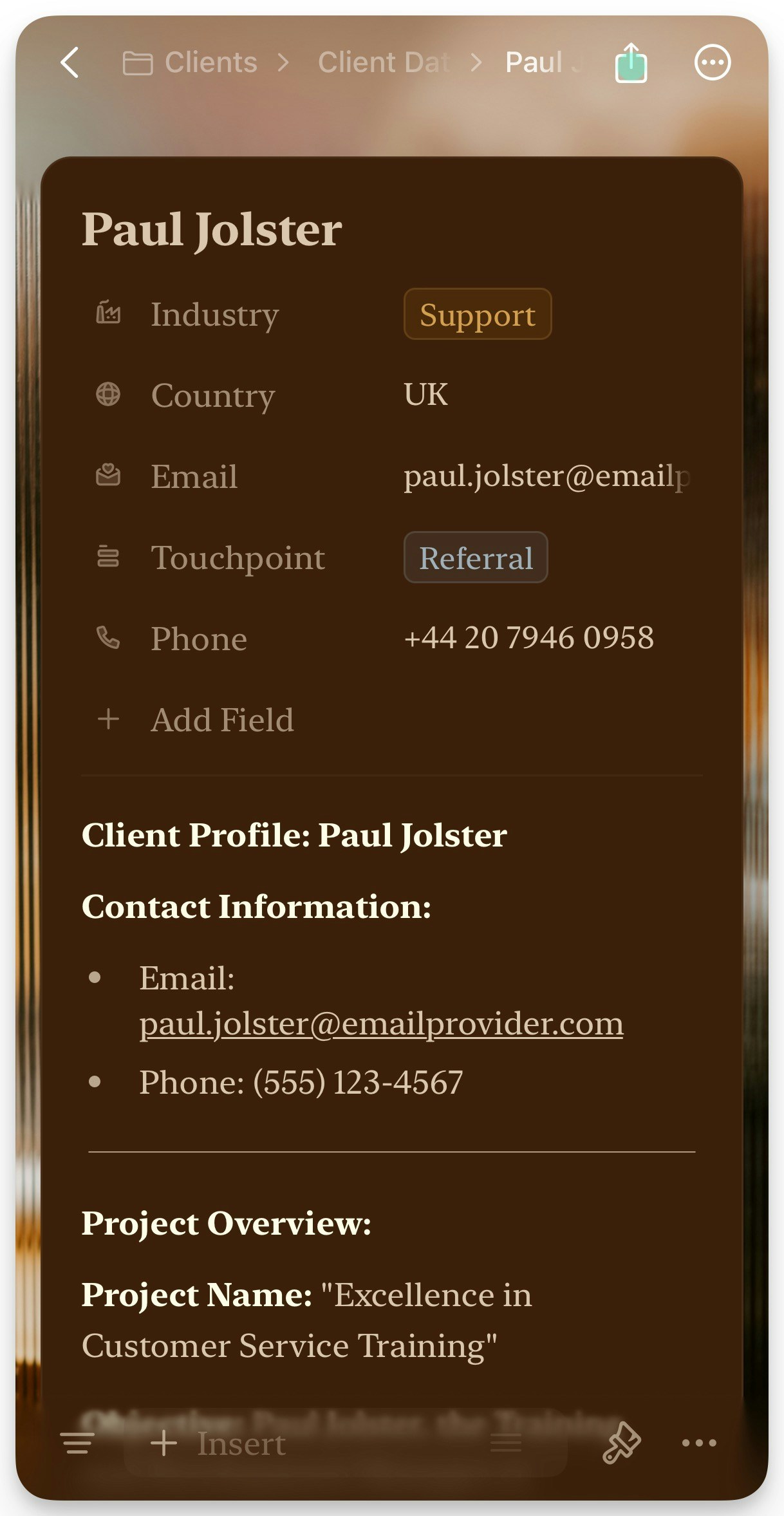 Client database example showing contact fields