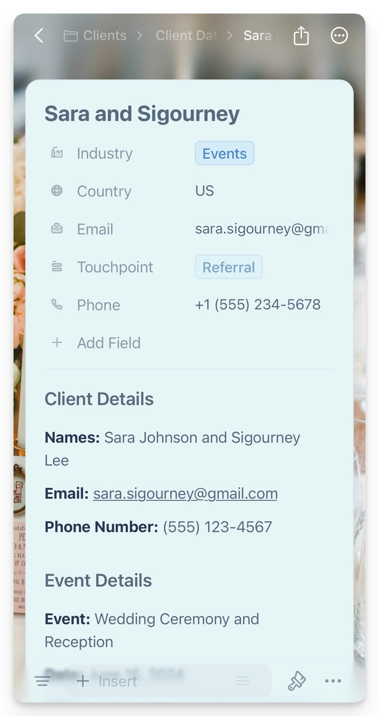 Client entry with detailed information