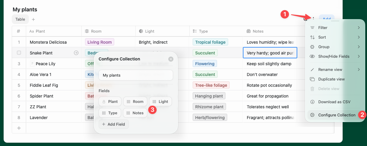 Reordering fields in the Configure Collection window