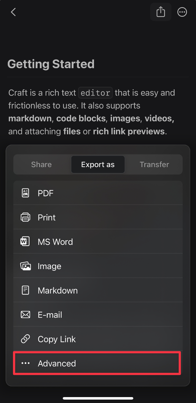 iOS export menu