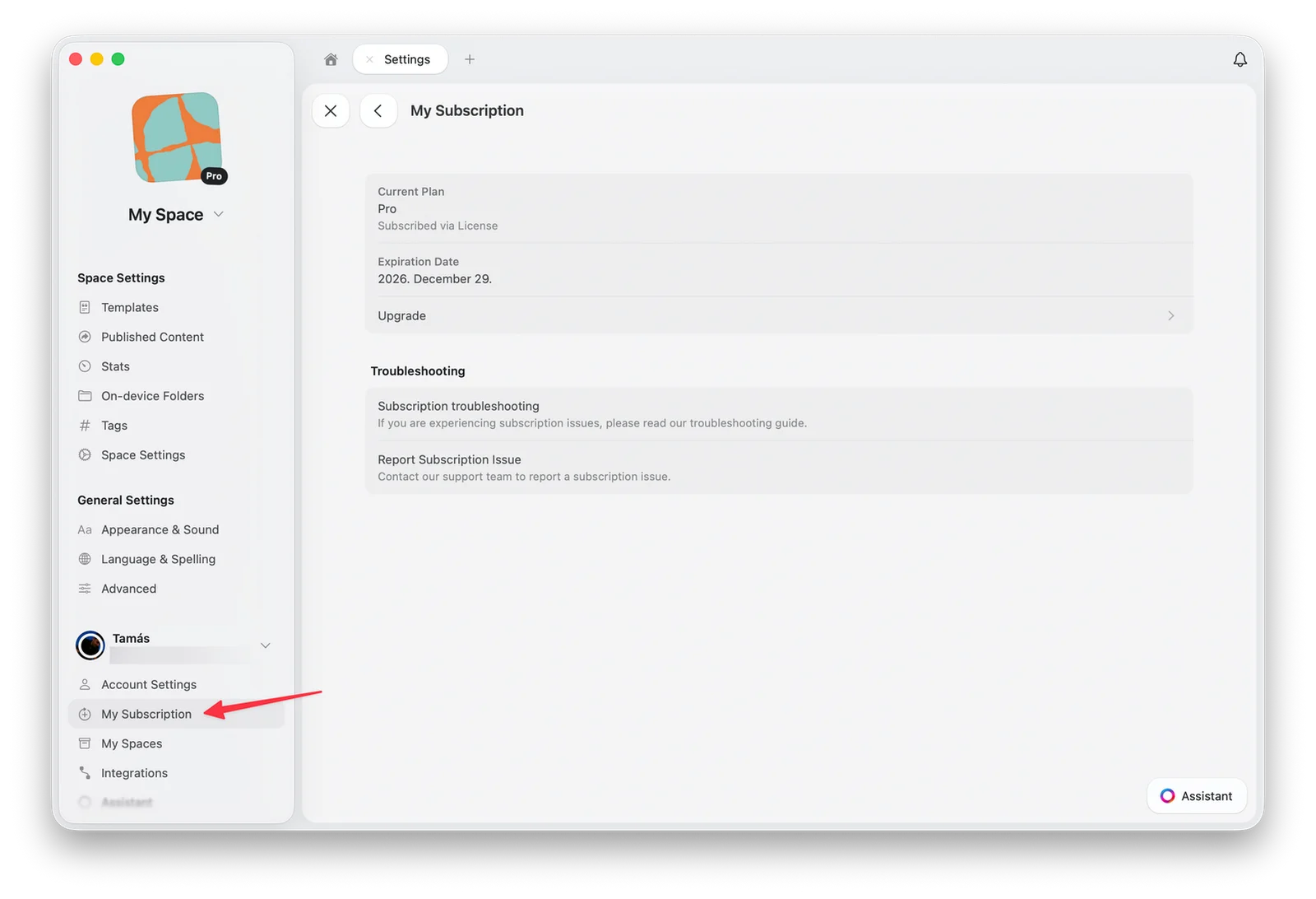 Minha Assinatura nas configurações do Craft, mostrando o plano atual e a data de expiração