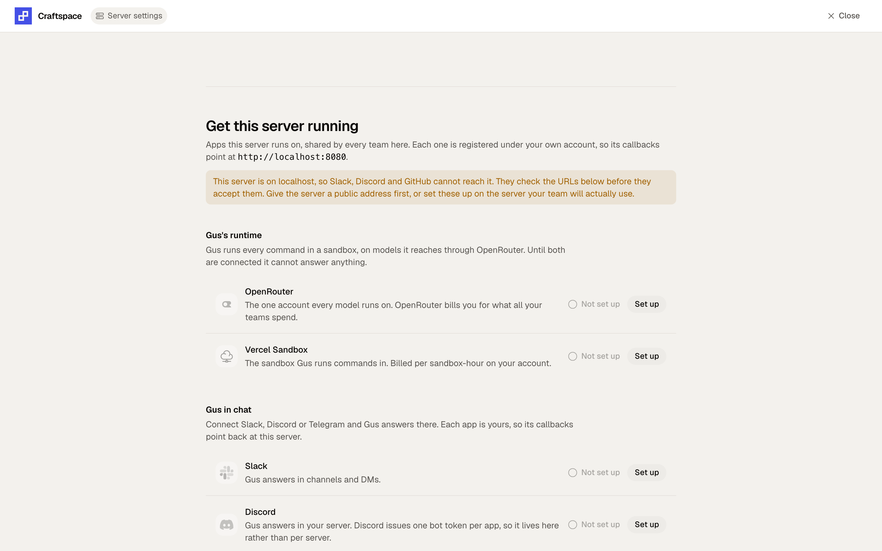 The server settings screen, listing OpenRouter and Vercel Sandbox as not set up