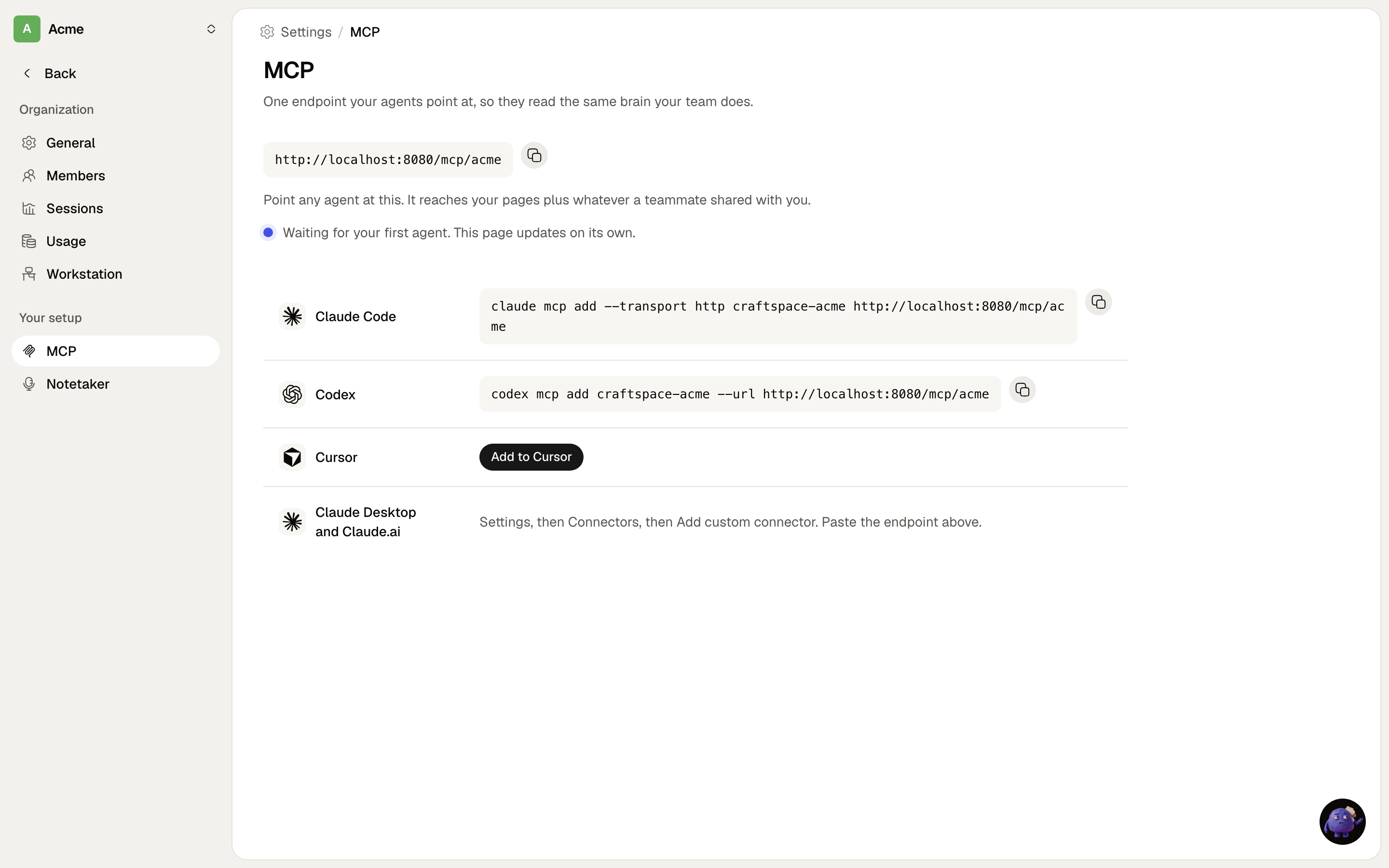 The MCP settings screen with per-client setup commands