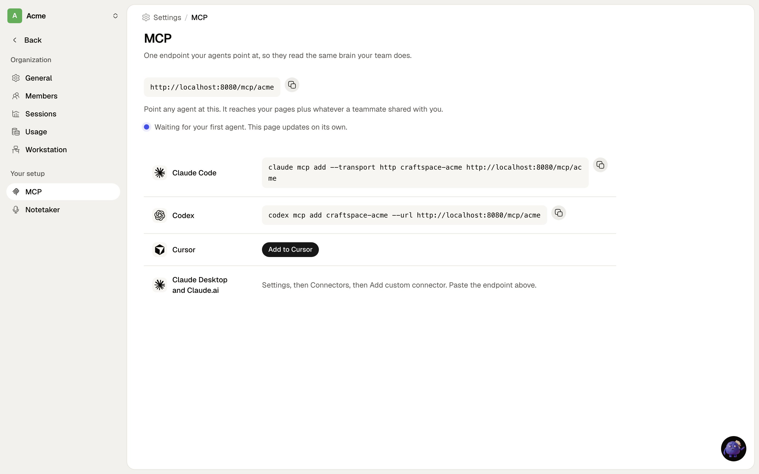 The MCP settings screen with per-client setup commands