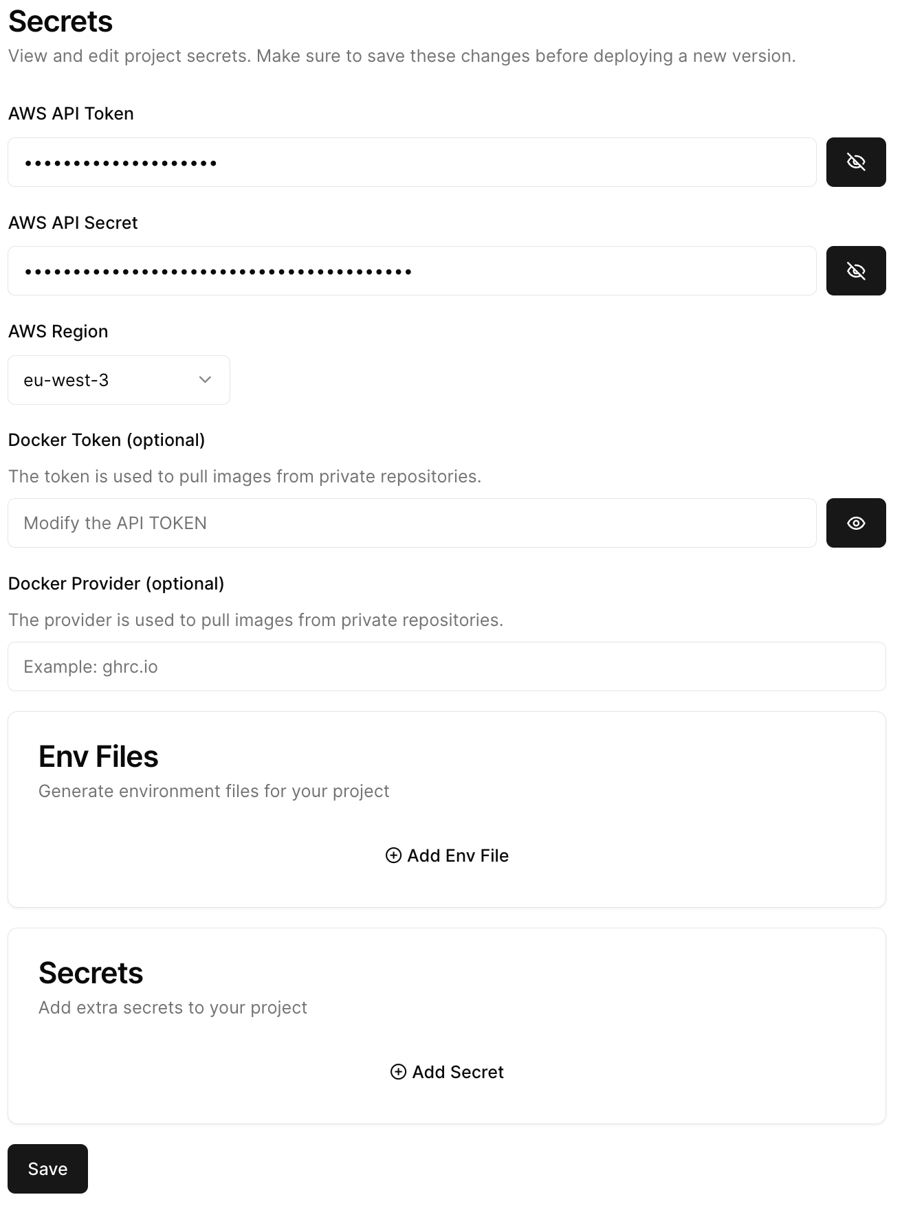 Edit project secrets