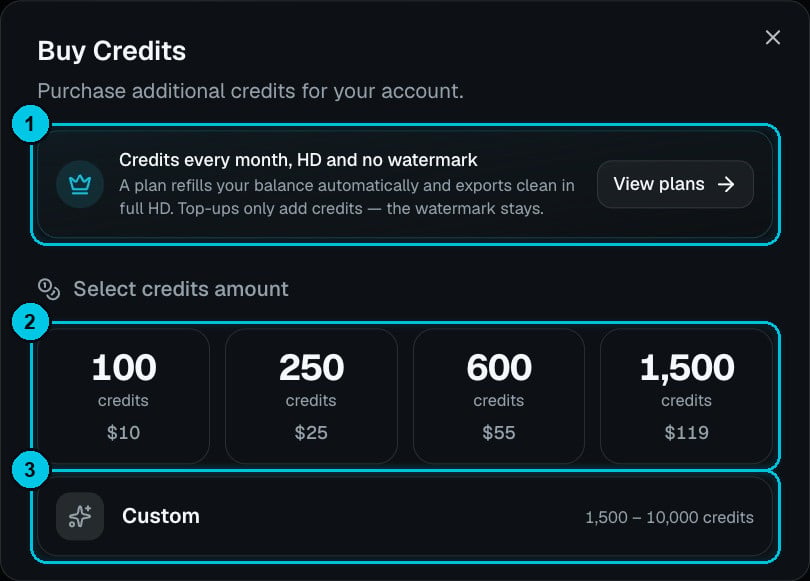 The Buy Credits dialog with the 100, 250, 600 and 1,500 credit packs
