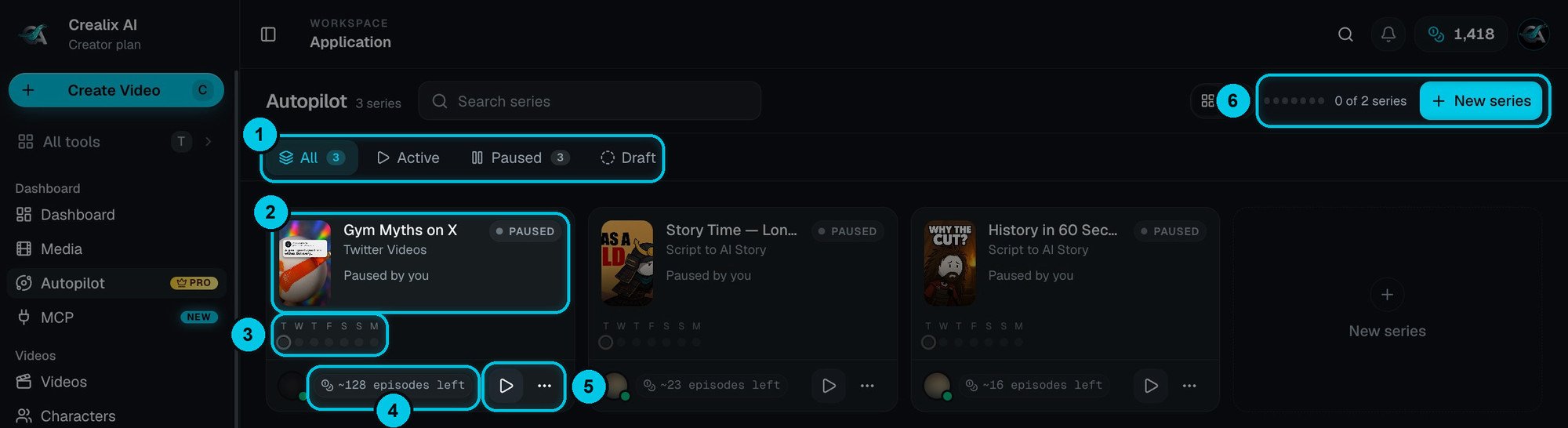 The Autopilot page with three series cards