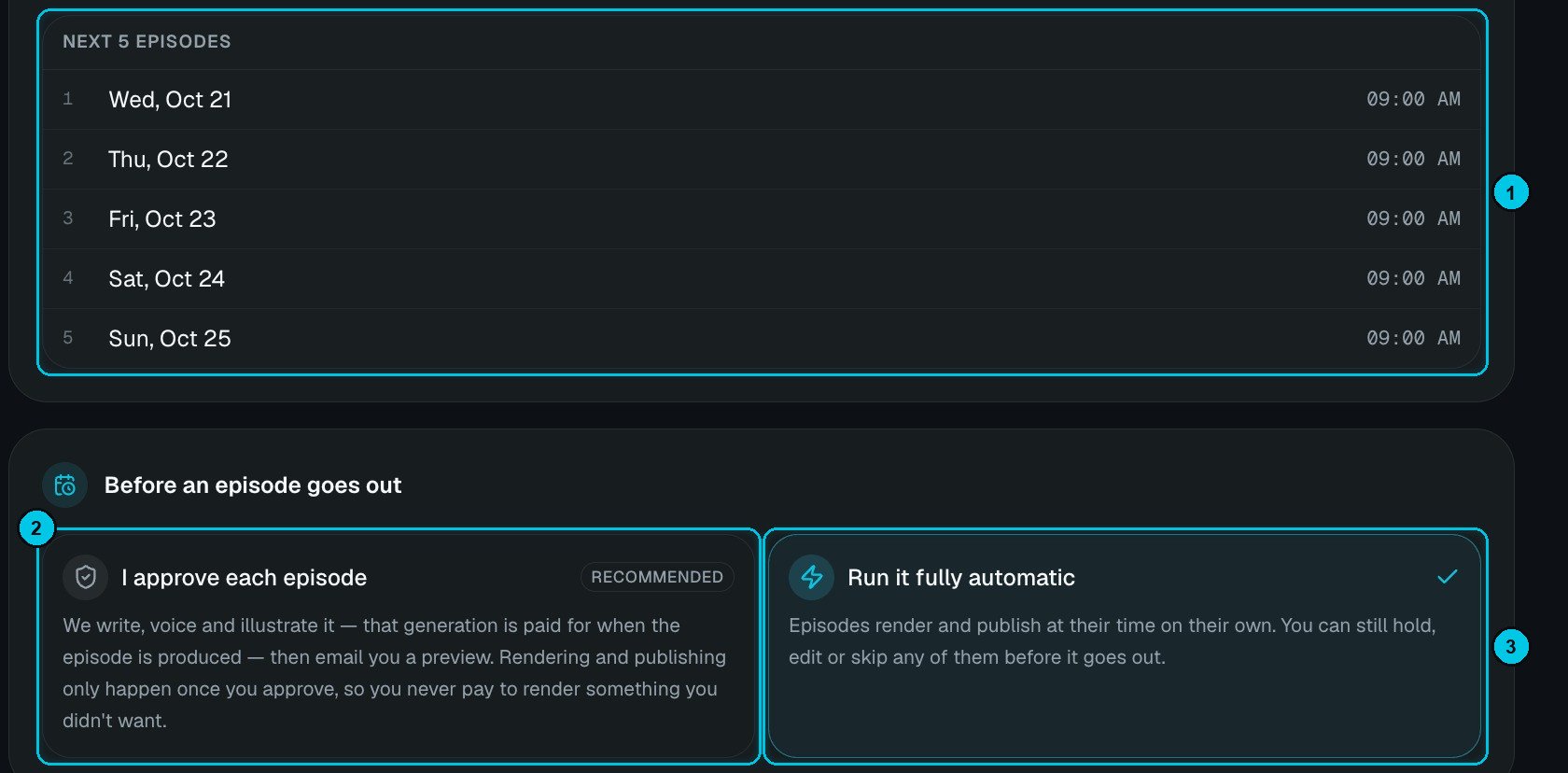 Next 5 episodes and the two approval options