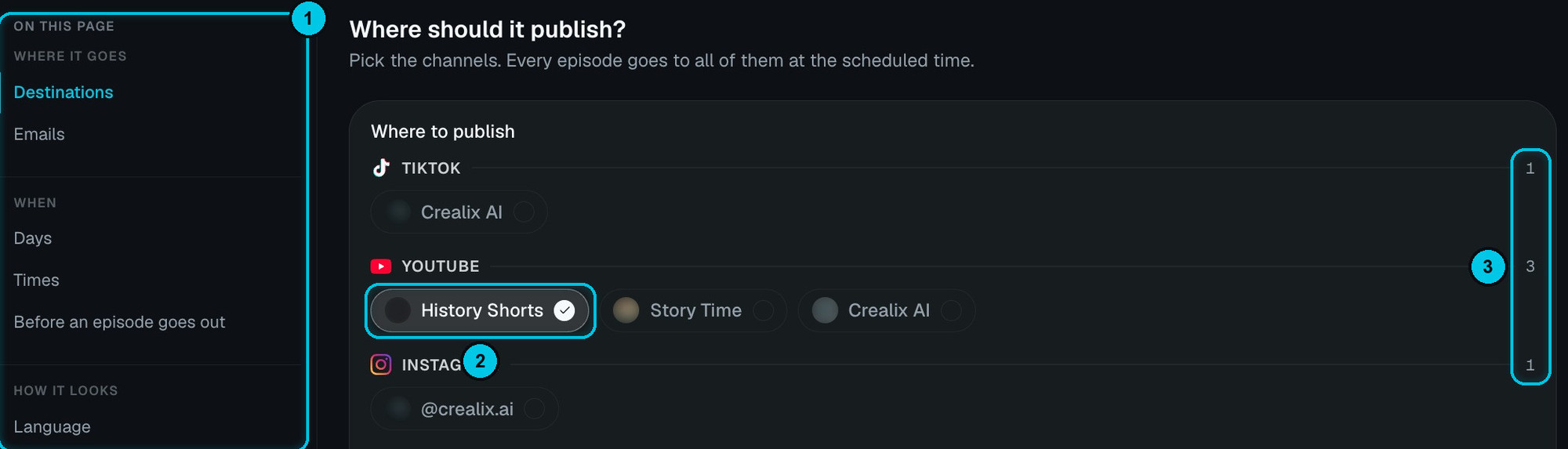 Where should it publish: TikTok, YouTube and Instagram accounts