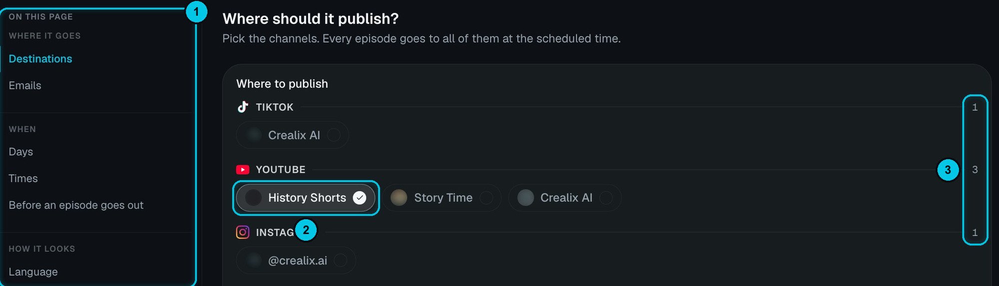Where should it publish: TikTok, YouTube and Instagram accounts