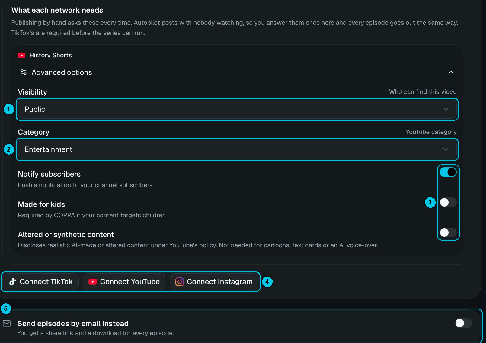 Per-network questions for YouTube with visibility, category and toggles