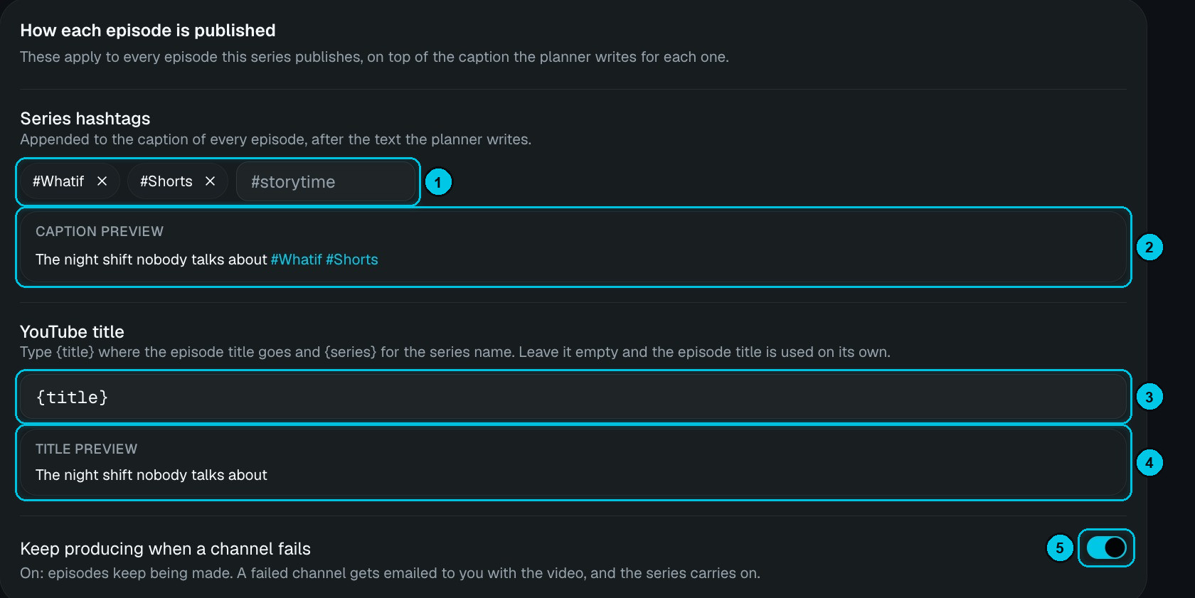 Series hashtags, caption preview, YouTube title template and keep producing toggle