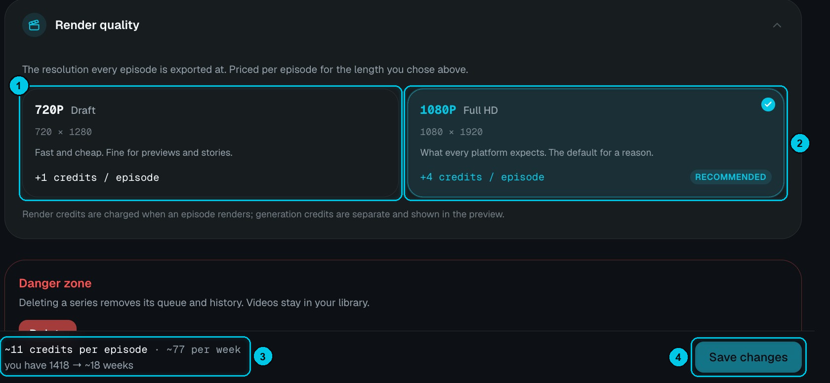 Render quality 720p or 1080p with the cost estimate footer