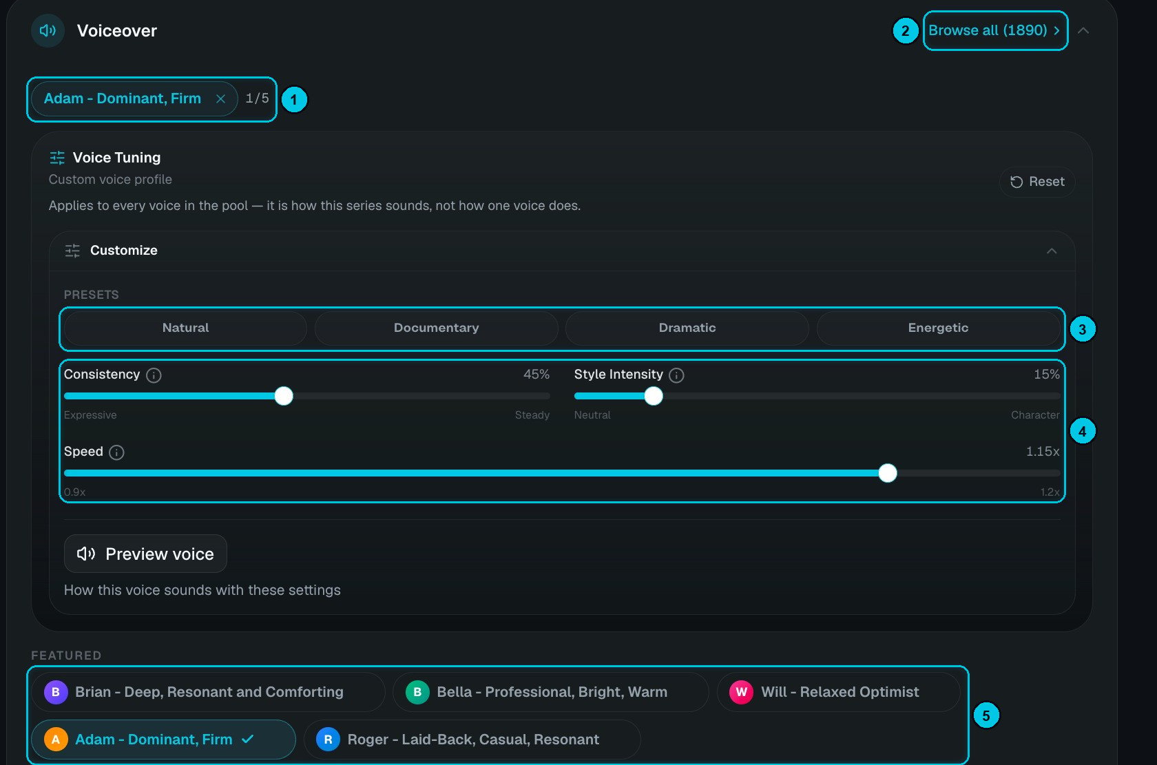 Voiceover pool with voice tuning, presets and featured voices