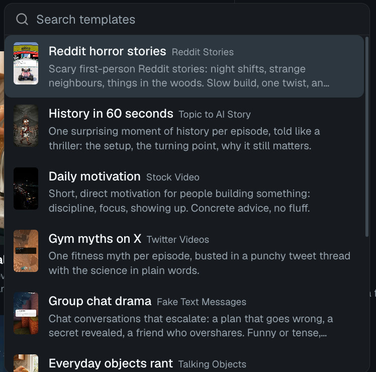 The template list: Reddit horror stories, History in 60 seconds, Daily motivation, Gym myths on X and more