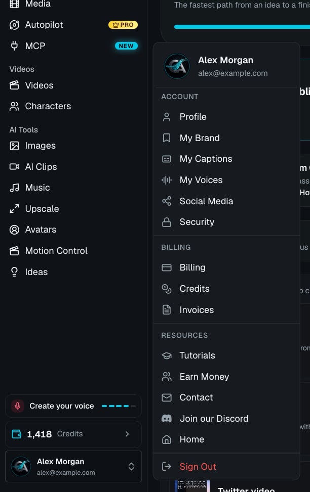 The account menu with Account, Billing and Resources sections
