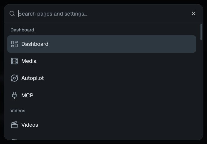 The command palette listing Dashboard, Media, Autopilot and MCP