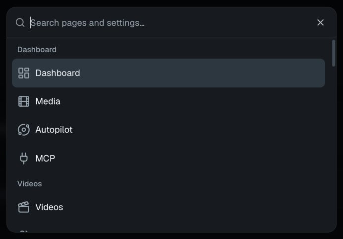 The command palette listing Dashboard, Media, Autopilot and MCP