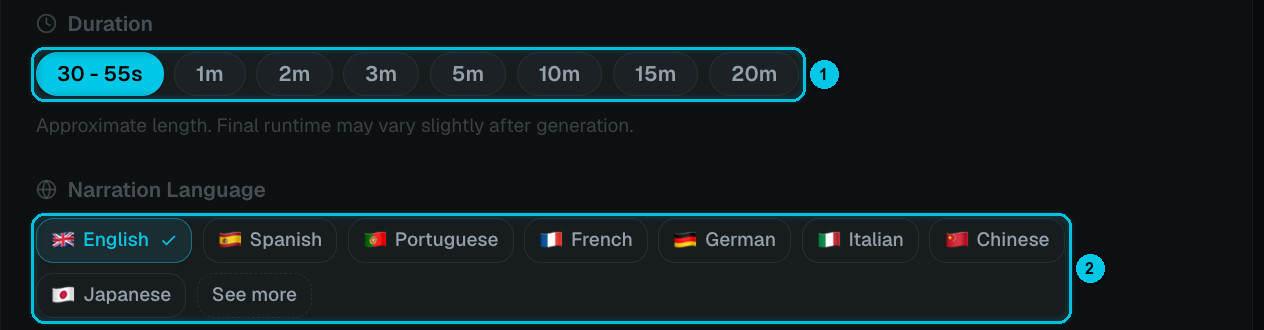 Duration chips and narration language chips