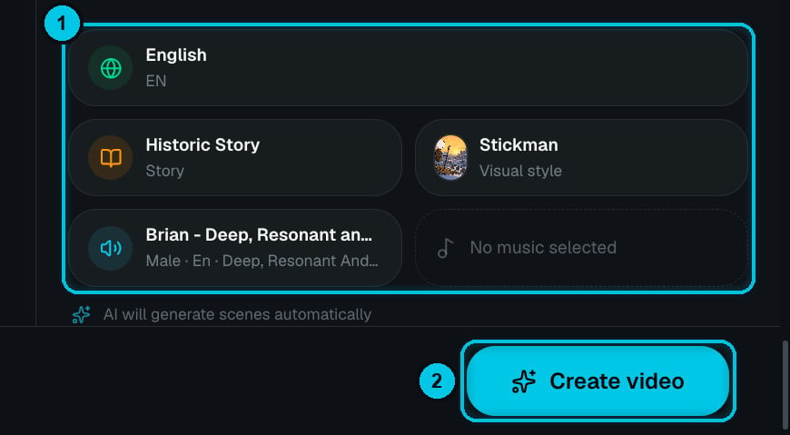 Preview summary with language, topic, style, voice and music
