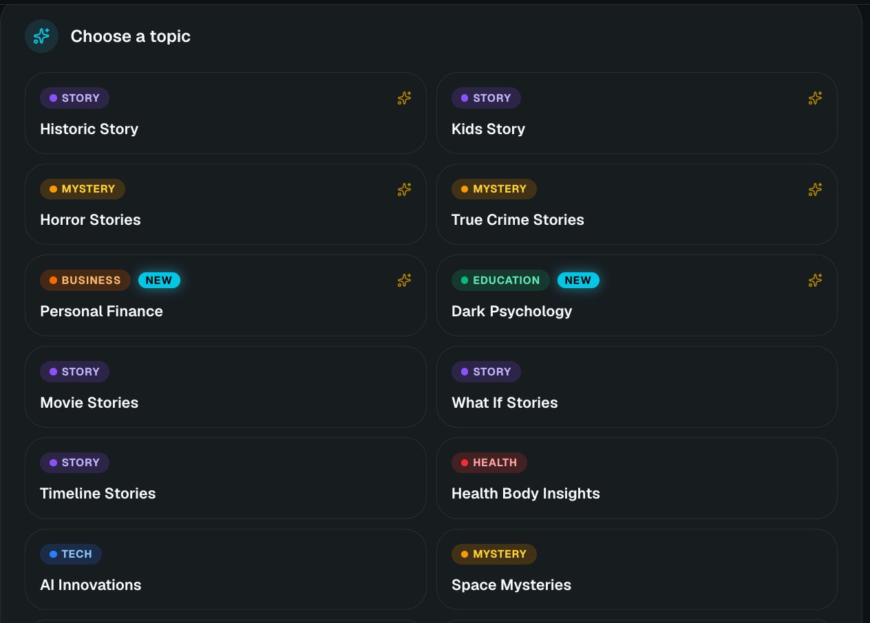 Grid of topics such as Historic Story, Horror Stories and Personal Finance