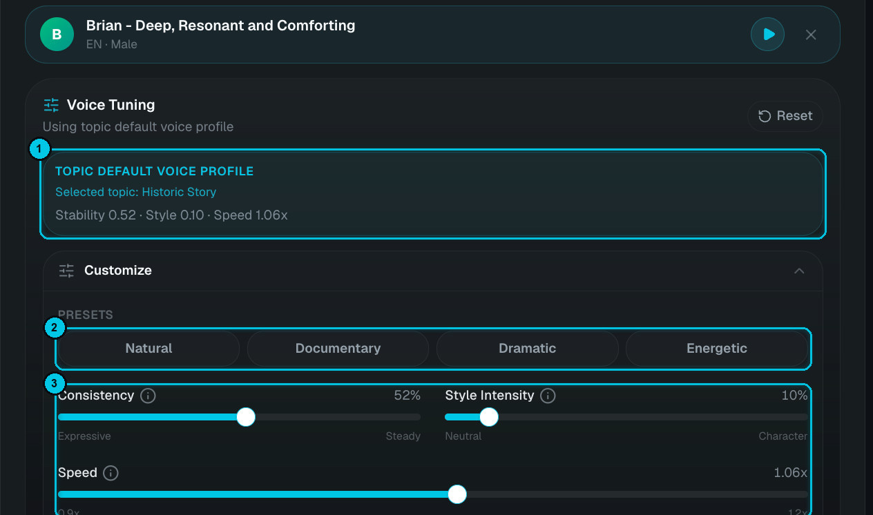 Voice tuning with presets and sliders