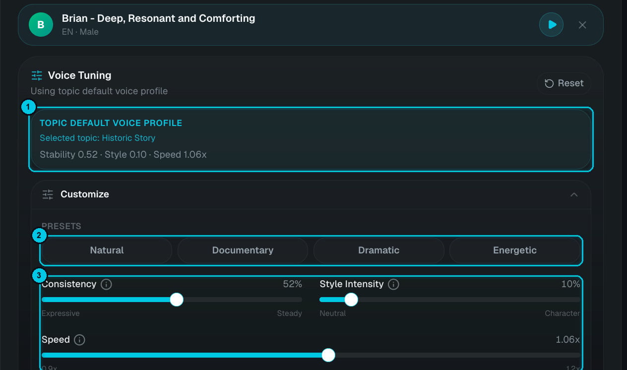 Voice tuning with presets and sliders