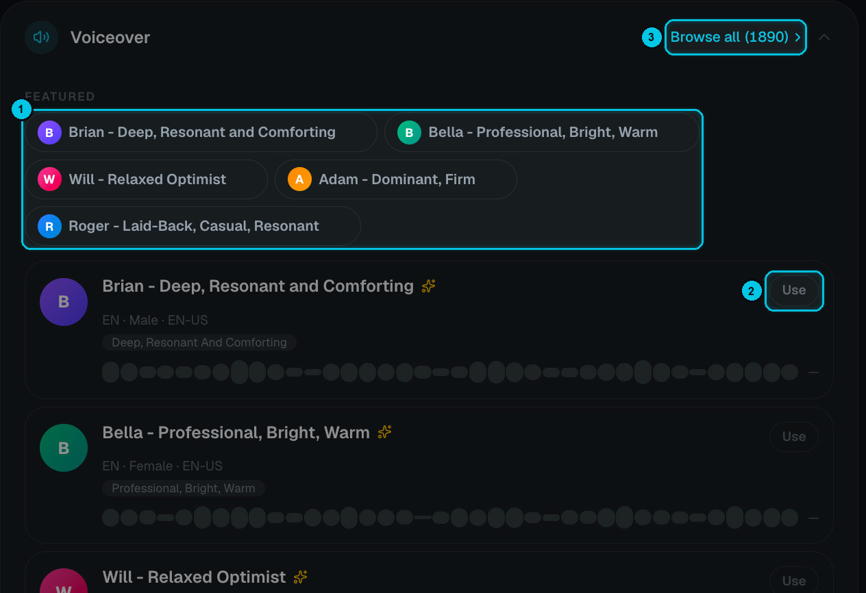 Voiceover section with featured voices