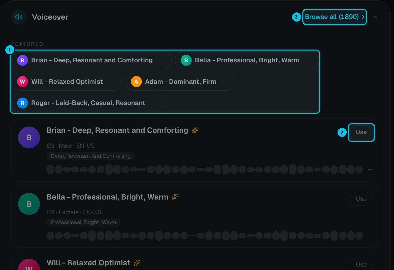 Voiceover section with featured voices
