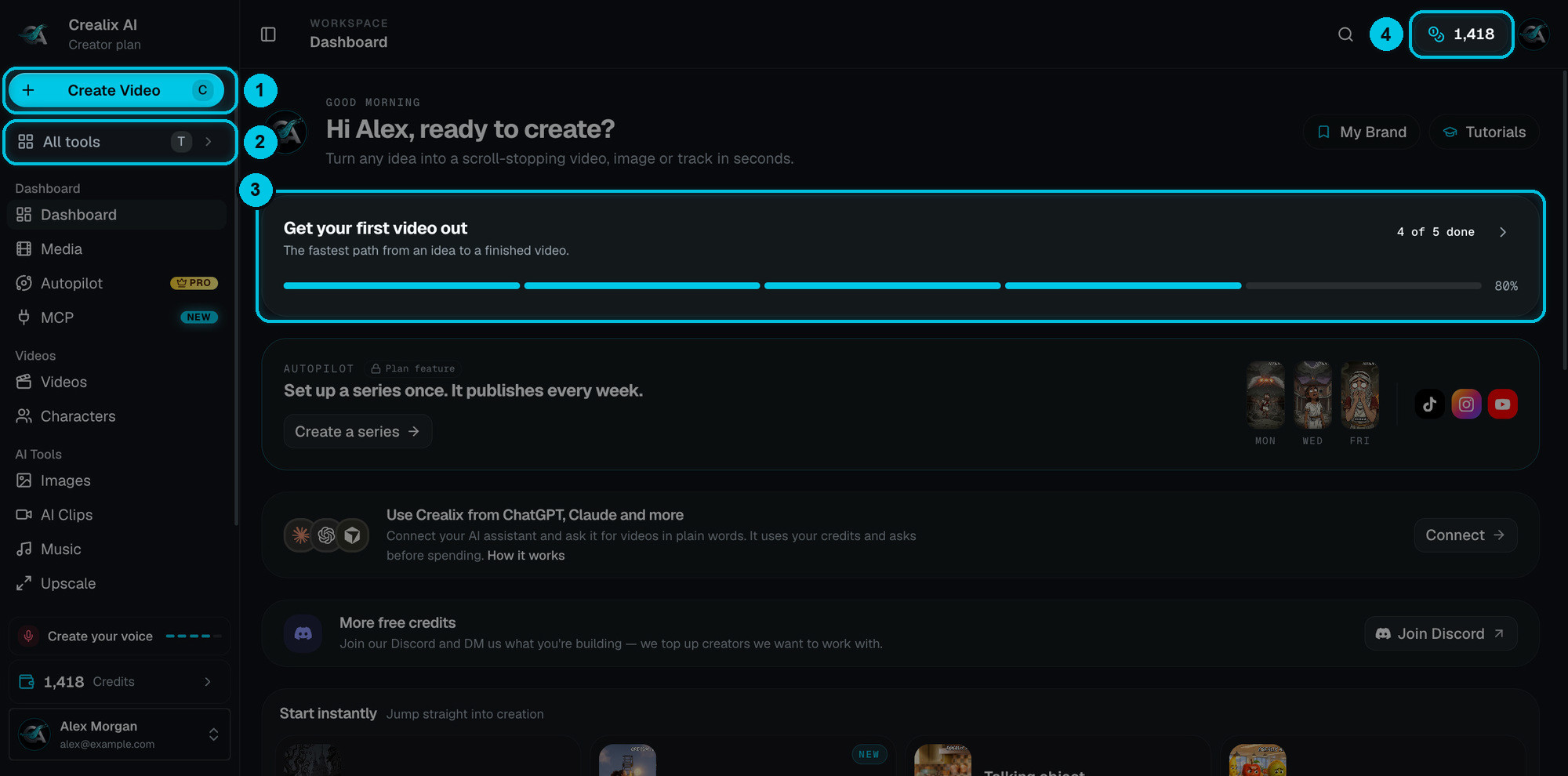 The Crealix dashboard with the sidebar on the left