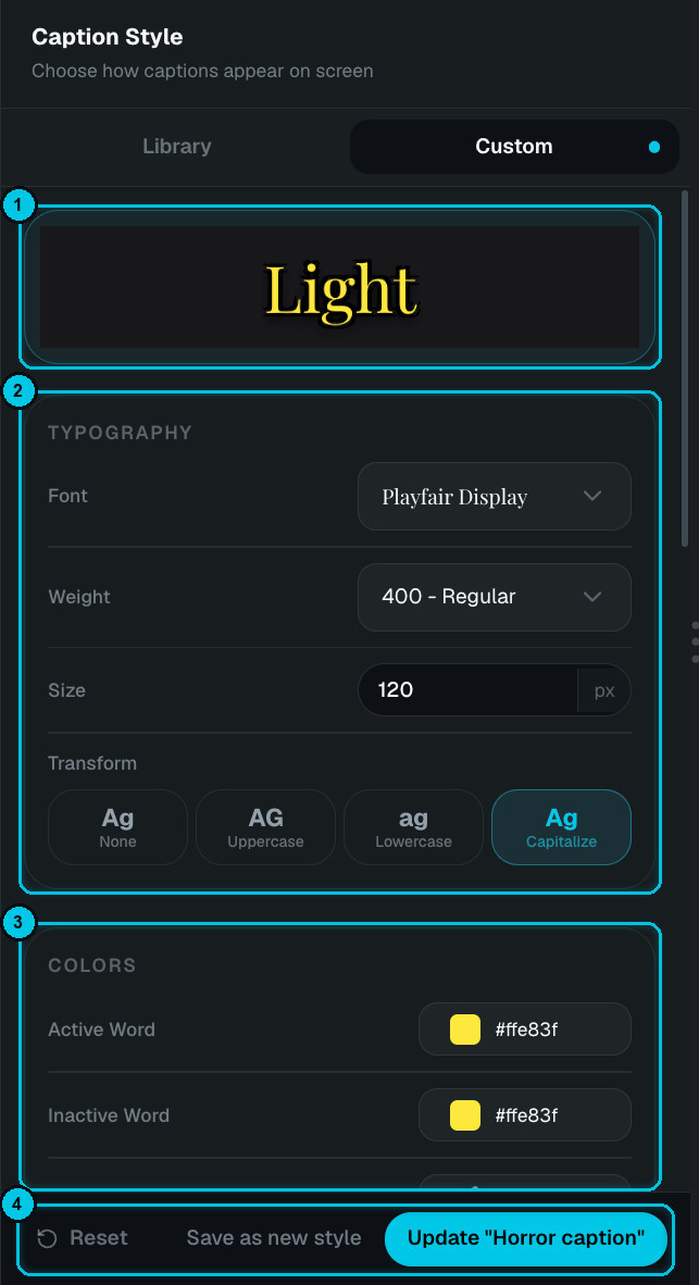 Editing a caption style: typography and colors
