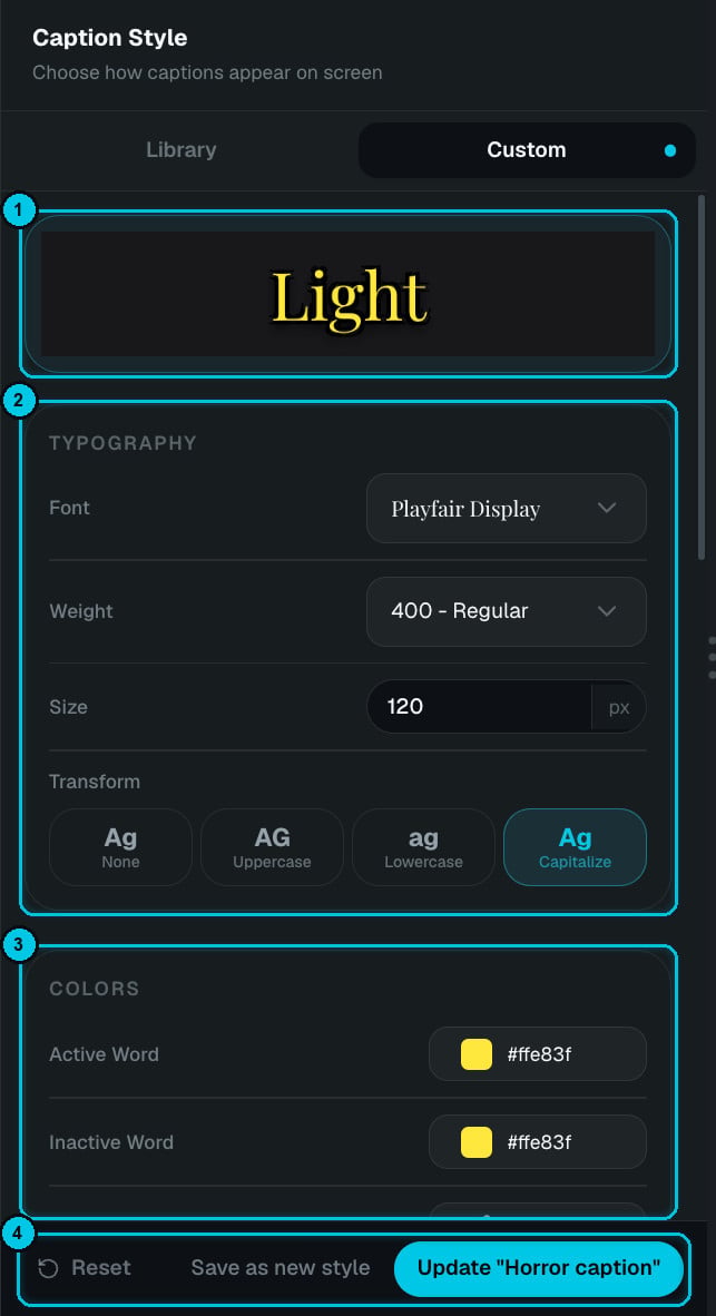 Editing a caption style: typography and colors